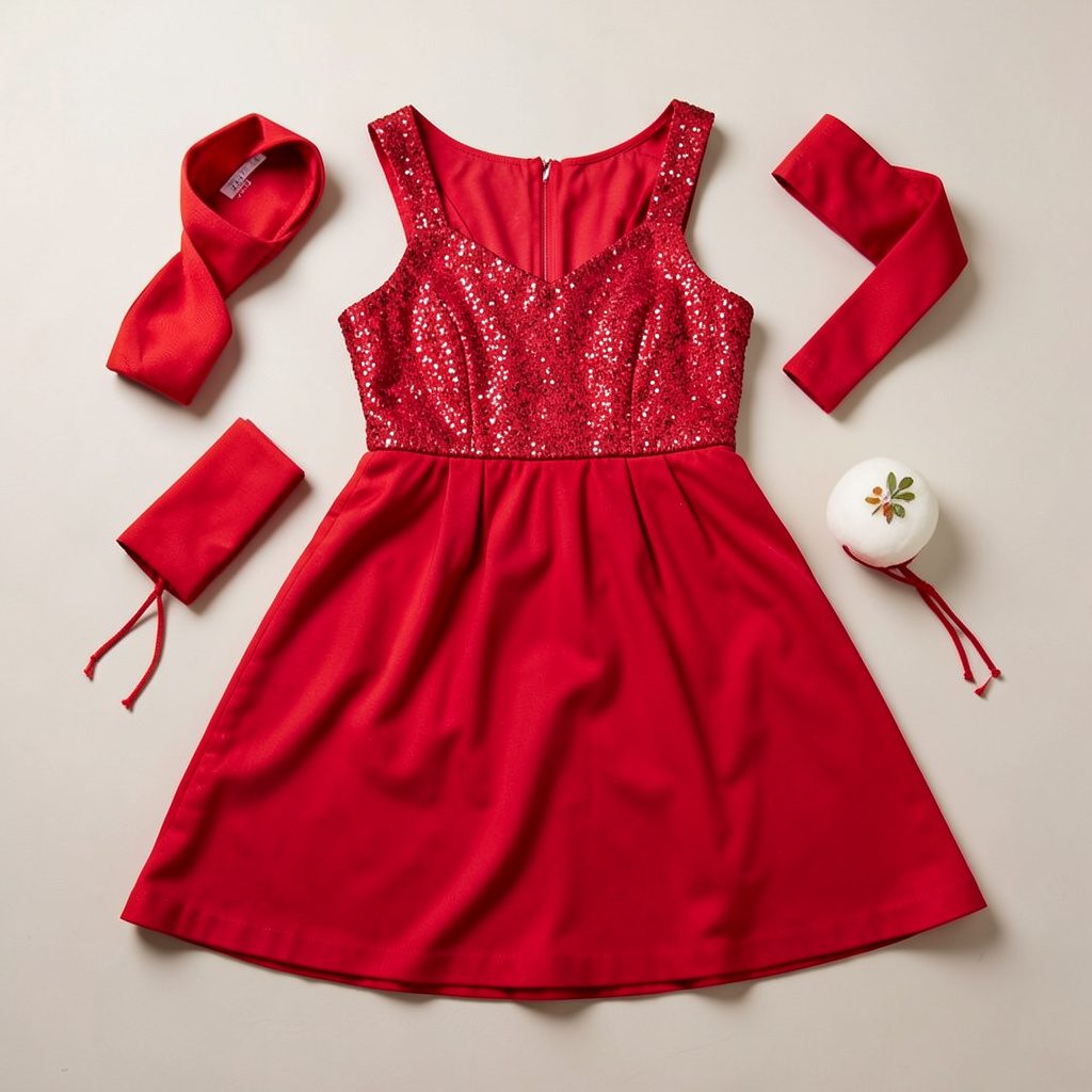 Overhead flat-lay photograph of a sparkle and shine themed doll dress set with a glittering dress, bow, and matching shoes on a bright pink surface, vivid and joyful in mood.