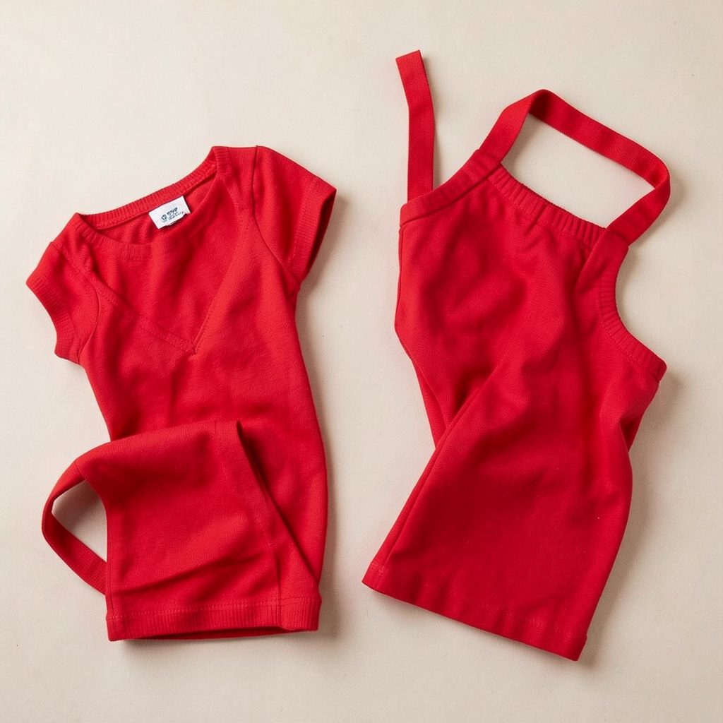 Overhead flat-lay photograph of a basic doll outfit set with a simple top, bottoms, and small accessories laid out on a neutral cream background, soft and minimal in tone.